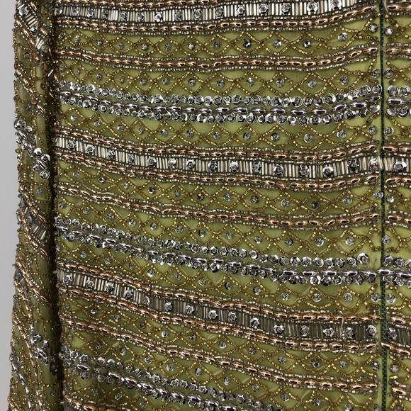 60’s Vintage Victoria Royal Avocado Green Beaded Bodice Gown with Bow - Picture 8 of 15